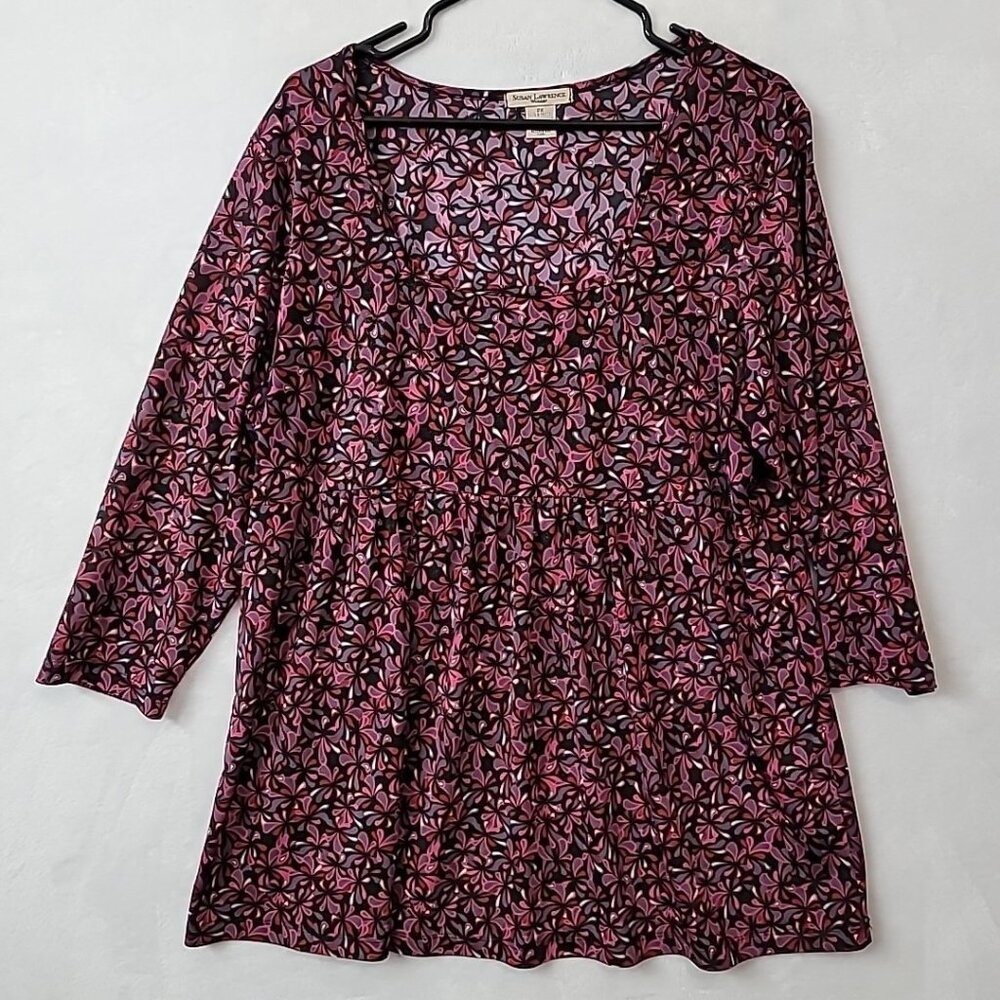 Susan Lawrence Square Neck Tunic Floral Blouse 3/4 Sleeve Womens 2X Stretch EUC